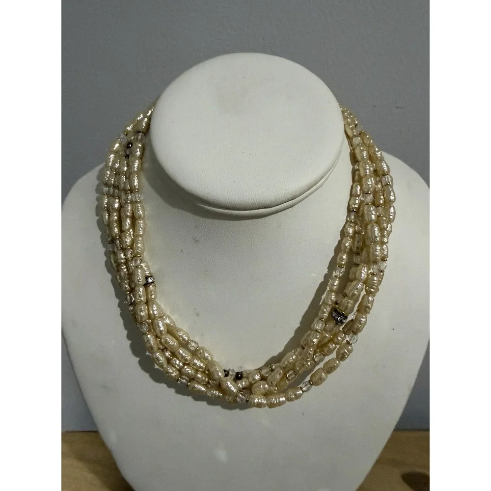Vintage 6 Strand Pearl Pendant Necklace Gold Tone Clasp Rhinestones 17